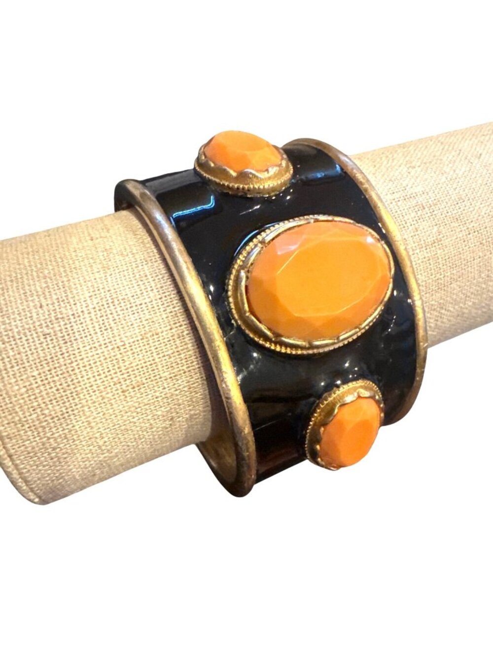 Vintage Kenneth Jay lane Black Enamel Orange Cabochon Hinged Cuff Bracelet Retro